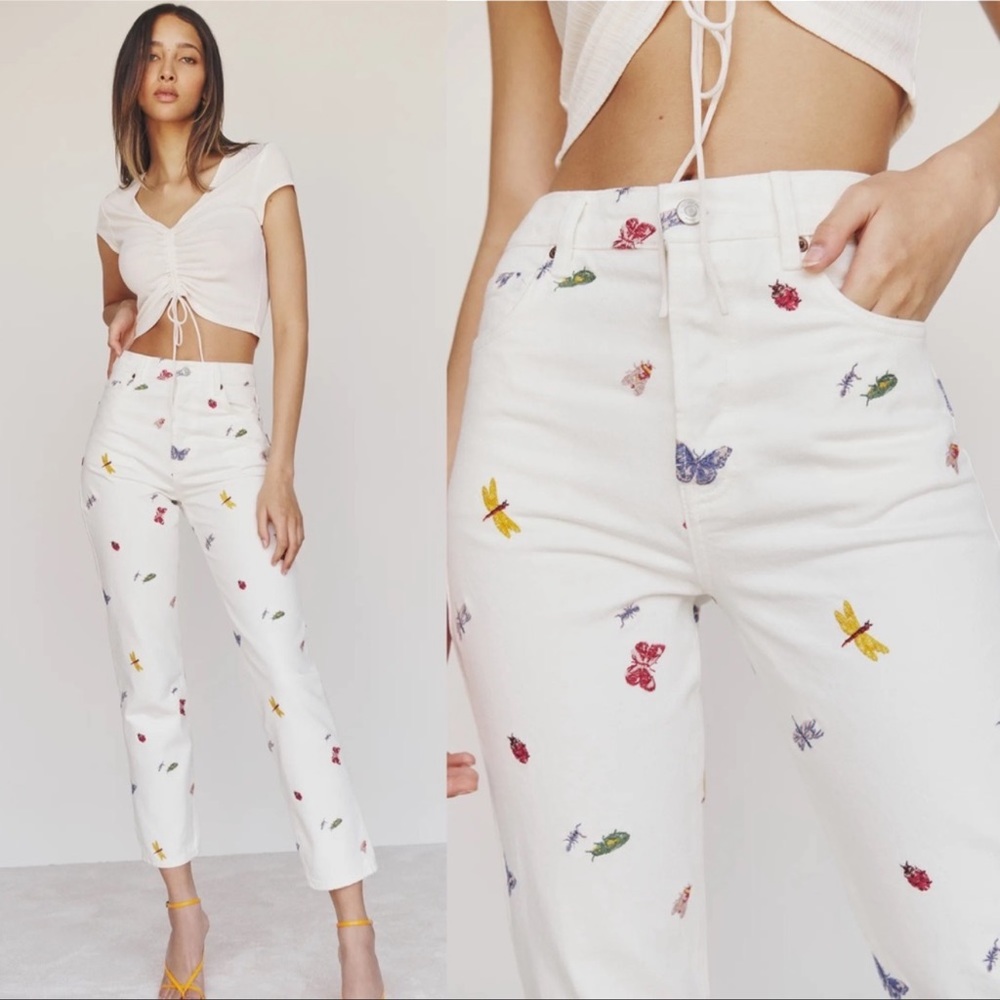 NWT Reformation Cynthia Ladybugs High Rise Straight Leg Denim Jeans
